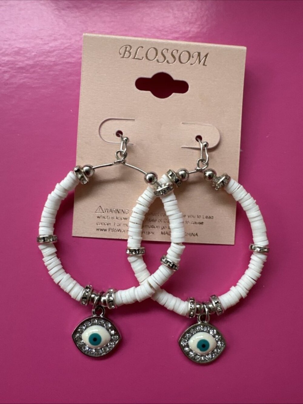 Blossom White Goldtone Beaded Rhinestone Evil Eye Earrings Dangle Hoops 2" NEW